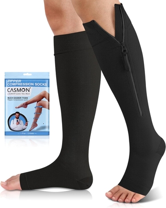 15-20mmHg Zipper Compression Socks for Women and Men, Knee High Compression Stockings, Medical Open Toe Support Socks for Varicose Veins, Post-surgery, Swelling, Nurses, Pregnancy (1 Pair)