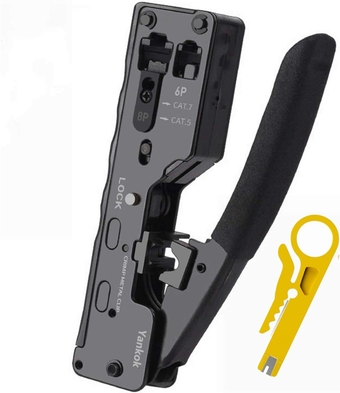 [CAT6a CAT7 Pass Through Crimper] for RJ45 Pass-Thru RJ12 RJ11 Regular and CAT5/5e CAT6 Unshielded Network Connectors Crimp and Cut (HT7088 Black. Come with Cable Stripper Cutter)