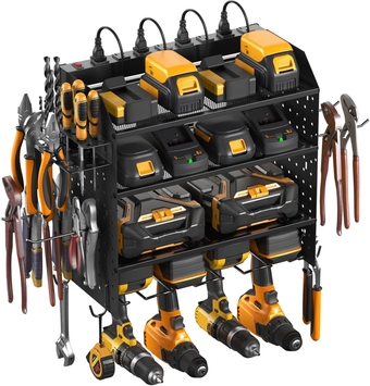 Modular Pegboard Rack Power Tool Organizer with Charging Station. 4 Layer Wall Mount Drill Holder, Mechanic Tool Battery Charger Organizer. Garage Shop Storage Utility Shelf with Power Strip.