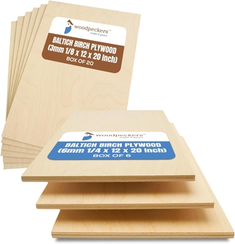 Baltic Birch Plywood, 3 mm 1/8x12x20 Inch Craft Wood, Pack of 20 B/BB Grade and 6 mm 1/4x12x24 Inch Craft Wood, Box of 6 B/BB Grade Perfect for Laser, CNC Cutting and Wood Burning, by