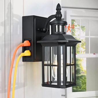 Outdoor Porch Light with Gfci Outlet, Outdoor Wall Lights Dusk to Dawn Light Fixture 3 Lighting Modes Exterior Motion Sensor Lights for House Patio Front Door Garage 0376-WD-GFSE