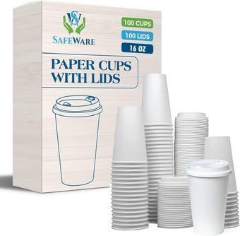 Disposable Coffee Cups with Lids 16 oz (100 Set) - To Go Coffee Cups, | Hot Beverages | Expresso | Tea | Coffee | Latte | Hot Chocolate - Poly- Coated with Rolled Edge