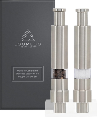 Modern Stainless Steel Push Button Salt and Pepper Grinder Set With Acrylic Stand by  Modern Luxury; Salt Shaker & Grinder for Spice- Black Pepper and Sea Salt