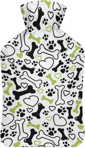 Hot Water Bottle, Hot Water Bag Rubber with Dog Paw Bone Print Short Plush Cover for Bed Warmer, Cozy Nights, Period Pain, Pain Relief, Back, Neck, Arthritis