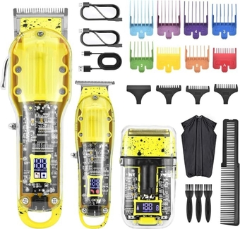 Hair Clipper, Trimmer, Beard Shaver Kit for Men Professional Barber Set for Hair and Beard Cutting Zero Gap T-Blade Beard Trimmer, Rechargeable Bald Fade Clippers with LED Display (Yellow)