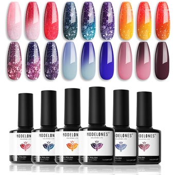 Color Changing Gel Nail Polish Set, 6 Colors Red Pink Glitter Blue Purple Mood Temperature Change Nail Polish Gel Set Soak Off Nail Art DIY Salon Manicure Holiday Gifts