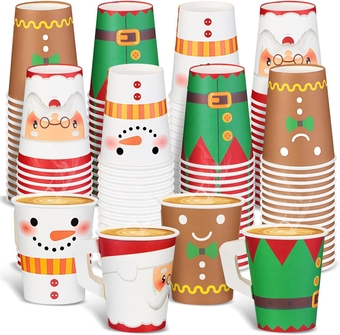 120 Pcs 9 oz Christmas Espresso Paper Cups with Handles Christmas Cups Disposable Tea Cups Disposable Coffee Mugs for Kids Adults Beverage Holiday Xmas Party Supplies (Lovely)
