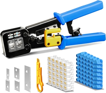 RJ45 Crimp Tool Pass Through Cat5 Cat5e Cat6 Crimping Tool for RJ45/RJ12 Regular and End-Pass-Through Connectors with 50PCS CAT5 CAT5e Connectors, 50PCS Covers and Mini Wire Stripper