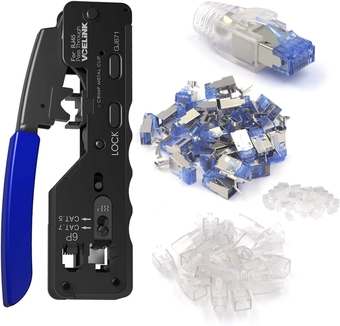 Ethernet RJ45 Pass Through Crimping Tool Bundle with 25-Pack Shielded RJ45 Plug Ethernet Connector with Strain Relief Boots