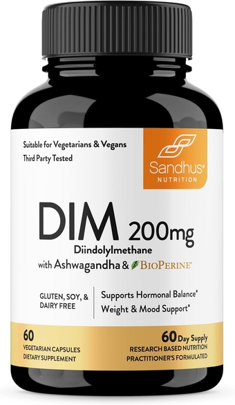 DIM Supplement 200 mg -60 Capsules - Diindolymethane with Ashwagandha & Bioperine Hormone Balance for Women & Men, Hormonal Acne Supplements