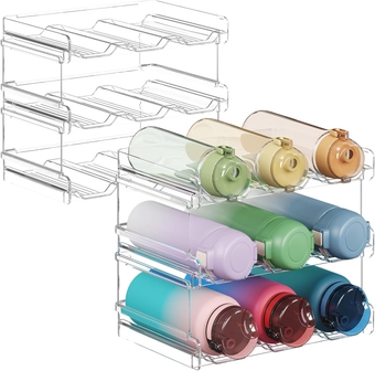 Stackable Water Bottle Organizer for Cabinet, Water Bottle Holder, Kitchen Pantry Organization and Storage, Plastic Fridge Wine Racks, Tumbler Travel Mug Cup Holder, 6Pack, Hold 18 Bottles