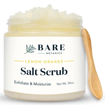 Bare Botanics Lemon Orange Body Scrub 24oz | Made in Madison, WI | All Natural Sea Salt Exfoliator w/ Skin Loving Moisturizers | Vegan & Cruelty Free | Gift Ready Packaging w/ a Cute Wooden Spoon