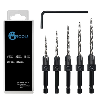 Countersink Drill Bit Set, 5Pcs Tapered Drill Bits M2 HSS, with 1/4" Hex Shank Quick Change and Allen Wrench, Counter Sinker Set for Woodworking and Carpentry, Pilot Screw Hole Set