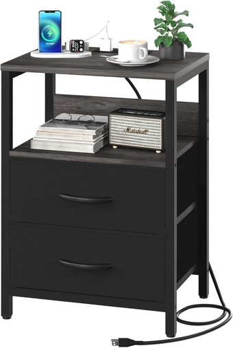 Nightstand with Charging Station, Small Night Stand with Fabric Drawers and Storage Shelf for Bedrooms, Nightstands for Small Spaces, Bedside Table with USB Ports & Outlets, Bed Side Table