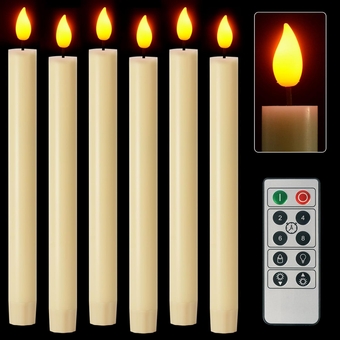 6 Pack Flameless Taper Candles, Flame-Free Candle Lamps with Remote Control, Simulated Wax Ivory Battery Operated LED Candles with 3D Wick, Flickering Light