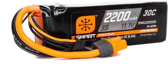 Smart RC LiPo Battery Pack: 2200mAh 3S 11.1V 30C with IC3 Connector (EC3 Compatible), SPMX22003S30, Black