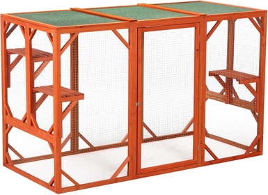 Wooden Cat House with Asphalt Planks and Cat Perches, Indoor Outdoor Cat Cage, Lockable Door Cat House Shelter Orange