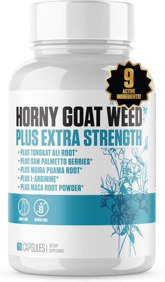 Horny Goat Weed Plus Extra Strength | #1 Rated Horny Goat Weed Supplement Pills w/Tongkat Ali, Maca Root, L-Arginine + 5 More | Increase Drive, Stamina, Blood Flow & Mood for Men - 60 Capsules