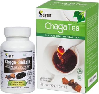 Siberian Chaga Mushroom Extract with Shilajit 90 Vegetarian Capsules and 20 Chaga Tea Bag Box - Wild-Harvested Supplement for Immune System Support + Natural Energy Boost