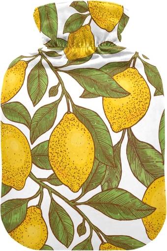 Hot Water Bottles with Cover Lemon Colored Botanical Hot Water Bag for Pain Relief, Headaches Back Pain, Warm Water Bag 2 Liter