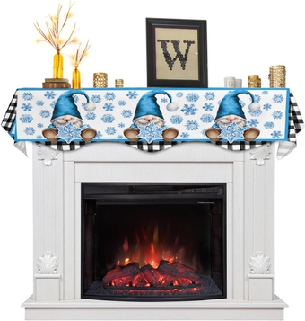 Christmas Mantel Scarf for Fireplace,Winter Blue Snowflake with Gnome Mantel Shelf Top Scarves Runner Mantel Cover XMAS Fireplace Decoration for Home Living Room Holiday,Black and White Buffalo Piald