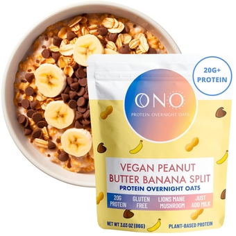 ONO Overnight Oats - Vegan Peanut Butter Banana Chocolate Protein Oatmeal (6 Pack)- 20g Vegan Protein Powder, High Fiber, Low Sugar, Organic Gluten-Free Overnight Oats, Lions Mane Mushroom, On The Go