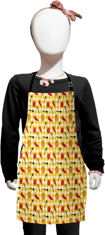 Food Apron, Checkered Squares Pattern Chili and Bell Peppers Plastic Spatula Spoon, Small Apron Bib with Adjustable Ties for Baking Painting, Small Size, Multicolor