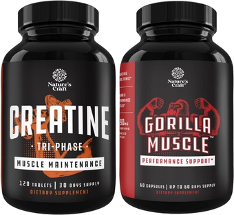 Bundle of Tri Phase Creatine Pills 5g and Extra Strength Test Booster for Men - Muscle Mass Gainer and Muscle Recovery Creatine HCL Pyruvate - Natural Energy Supplement with Horny Goat Weed
