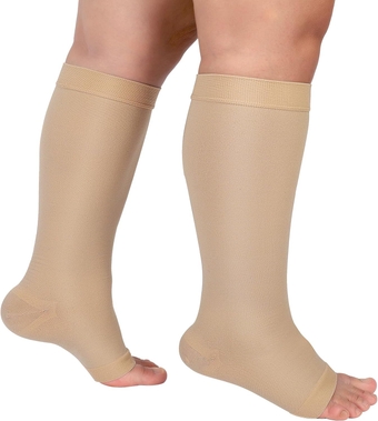 Plus Size Compression Socks Open Toe for Women Men, Extra Wide Calf 3XL Knee-Hi Compression Stockings, 20-30 mmHg Support Socks Ideal for Varicose Veins, Spider Veins, Lymphedema, Beige 3X-Large