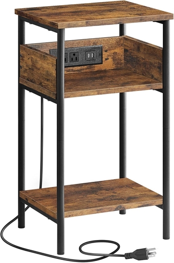 End Table Charging Station - Side Table with 2 USB Ports and 2 Outlets, 3-Tier Storage Shelf Nightstand for Bedroom, Living Room, 11.9 x 13.4 x 23.8 Inches, Rustic Brown and Black
