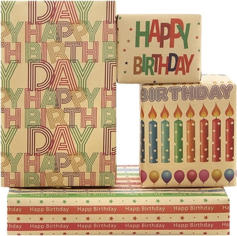 Kraft Colorful Happy Birthday Wrapping Paper For Men Women Boys Girls Kids, 4 Sheets in 4 Designs Folded Flat 20x28 inches per sheet for Birthday Party, Gift Wrapping, Crafts & More