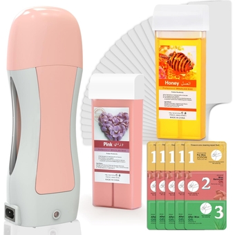Roll On Wax Kit, Depilatory Roll On Wax Warmer for Hair Removal with Honey and Rose Wax Cartridge Refill 5Pcs Pre and Post Wax Care Wipes and 100Pcs Wax Strips
