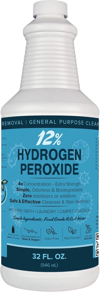 12% Hydrogen Peroxide Solution - 32 Fl Oz (Just Food-Grade H2O2 & Water!) - Ecofriendly Natural Cleaning Solution for Kitchen, Bath, Laundry, and More - HDPE Bottle with Child-Safe Cap Made in USA