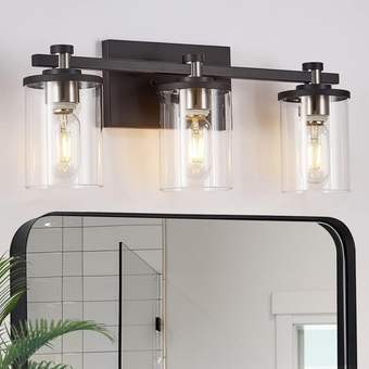 Bathroom Vanity Light 3-Light, Black and Nickel Bathroom Light Fixtures with Clear Glass Shade, Vintage Bathroom Vanity Lights, Modern Wall Sconce for Bathroom, Living Room, Hallway, Bedroom