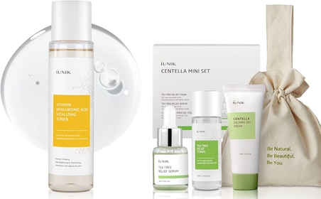 iUNIK Centella Mini Set, Travel Friendly Skincare Set, Ultra Calming and Hydrating for Sensitive Skin: Tea Tree Relief Toner,Serum, Centella Calming Gel with Vitamin Toner