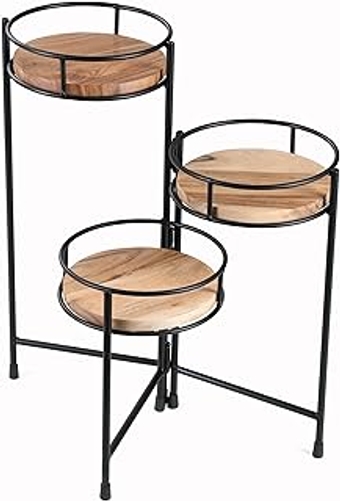 3-Tier Plant Stand - Natural Acacia Wood - 8" Diameter Wood Base - Collapsible Adjustable Flower Pot Holder-...