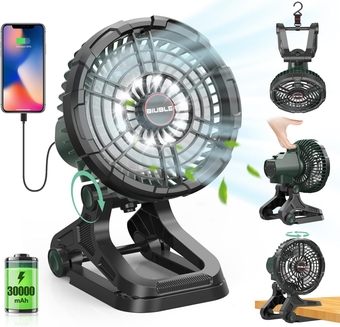30000mAh Rechargeable Camping Fan with LED Lantern, Portable Battery Operated Fan 360° Oscillating Outdoor Fan, Quiet Battery Powered USB Table Fan with 4 Light Modes, 7 Timers for Home Jobsite Tent