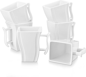 Porcelain Coffee Mugs Set of 6, 16 oz Coffee Cups with Handle, Square Large Ceramic Coffee Mug for Women Men, Modern Mugs Set for Coffee, Latte, Cappuccino, Tea, Milk, White, Series FLORA