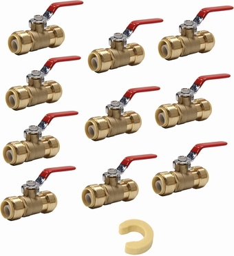 (Pack of 10)  1/2 Inch Push-Fit Full Port Ball Valve with Disconnect Clip Tool, UPC Certified