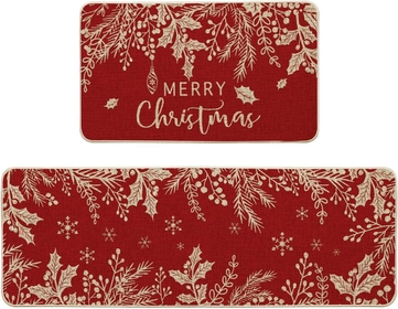Holly Pine Branches Leaves Merry Christmas Kitchen Mats Set of 2, Winter Decor Low-Profile Kitchen Rugs for Floor - 17x29 and 17x47 Inch