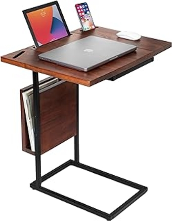 Acacia Wood Expandable C Shaped Side Table with Phone & Tablet Stand - Laptop TV Tray - Couch Desk - Bed Sof...