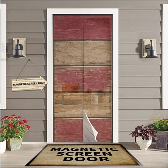 Magnetic Screen Door Curtain Fit Door Size 36"x80",Farmhouse Rustic Red and Brown Barn Magnet Self Seeling Door Screen for Sliding Door,Vintage Wooden Plank Board Mesh Curtain for Front Patio Kitchen