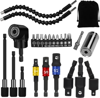 Flexible Drill Bit Extension Set, 105° Right Angle Drill Attachmen, Rotatable Joint Socket 1/4 3/8 1/2 In Hex Socket Adapter, Bendable Drill Bit Extension, Bit Holder Extension Screwdriver Bit Kit