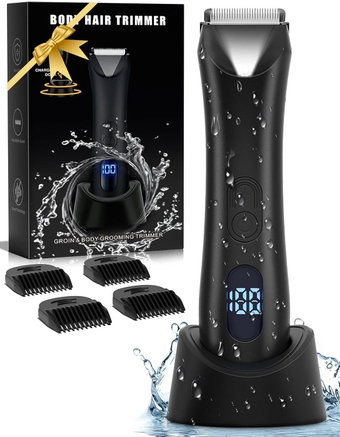 Groin Hair Trimmer for Men Electric Body Hair Trimmer Waterproof Ball Trimmer with Light & Power Display, Safety Razor Pubic Hair Trimmer for Ball/Chest/Beard, Ceramic Blade Heads, Recharge Dock