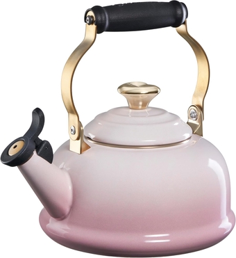 Enamel On Steel Whistling Tea Kettle w/Figural Heart Knob, Shell Pink