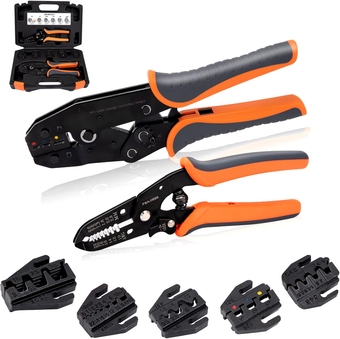 Ratcheting Crimping Tool Set, Ratcheting Wire Crimper Kit for Heat Shrink, Insuated and Non-Insulated, Open Barrel, Ferrules Connectors, Ratchet Terminal Crimping Tool