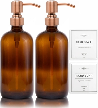 Amber Glass Soap Dispenser, 2 Pack Kitchen Soap Dispenser Set with Stainless Steel Pump, 16 oz Hand Soap Dispenser Bathroom, Dish Soap Dispenser for Kitchen with Waterproof Labels