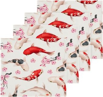 Pink Cherry Flowers Fish Wash Cloths 4 Pcs Small Cotton Wash Towels for Bathroom