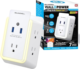 Wall Power 7908 Surge Protector with Night Light (Automatic) and Device Holder, 5 Outlets 2 USB Ports Electrical Extender, White, 5.5" As Seen On TV