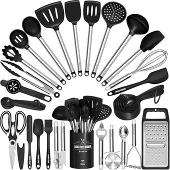 Kitchen Utensils Set-  34 Pcs Silicone Cooking Utensils Set for Nonstick Cookware-Silicone Spatulas Set, Stainless Steel Handle-Black Kitchen Gadgets Tools, Pots and Pans Accessories